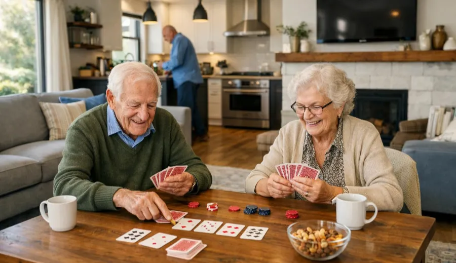 Ältere Menschen beim Kartenspielen an einem Tisch, im Hintergrund eine Person in einer Küche